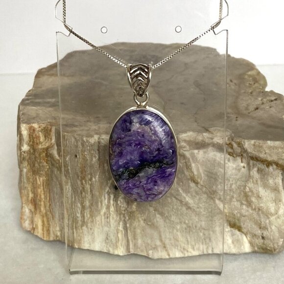 Sterling Silver 925 Oval Bezel Set Purple Charoite Pendant Necklace 22" Chain - Picture 8 of 16